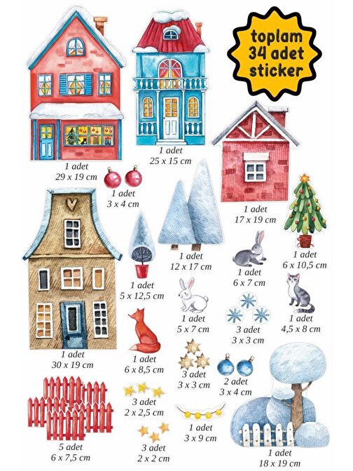 34 Adet Duvar Süsü Çocuk Cam Sticker Seti Yeni Yıl Bebek Odası Yılbaşı Çam Ağacı Noel Baba Kapı Süsü