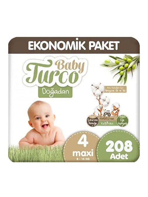 Baby Turco Doğadan 7 - 14 kg 4 Numara Fırsat Paketi Bebek Bezi 208 Adet