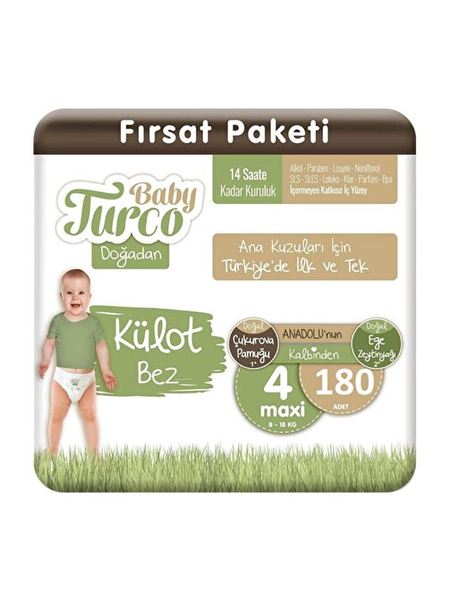 Baby Turco Doğadan Külot 4 Numara Fırsat Paketi Bebek Bezi 180 Adet