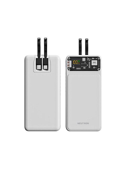 Neutron NTL-PB-22F2 20000 mAh USB Type-C Lighting Kablolu iPhone Hızlı Şarj Teknolojili Akım Korumalı Powerbank Beyaz