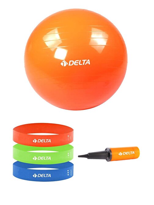 Delta 85 cm Pilates Topu 3'lü Squat Bandı Egzersiz Direnç Lastiği Pilates Topu Pompası 5'li Set