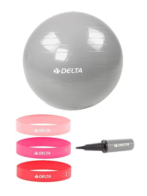 Delta 85 cm Pilates Topu 3'lü Squat Bandı Egzersiz Direnç Lastiği Pilates Topu Pompası 5'li Set