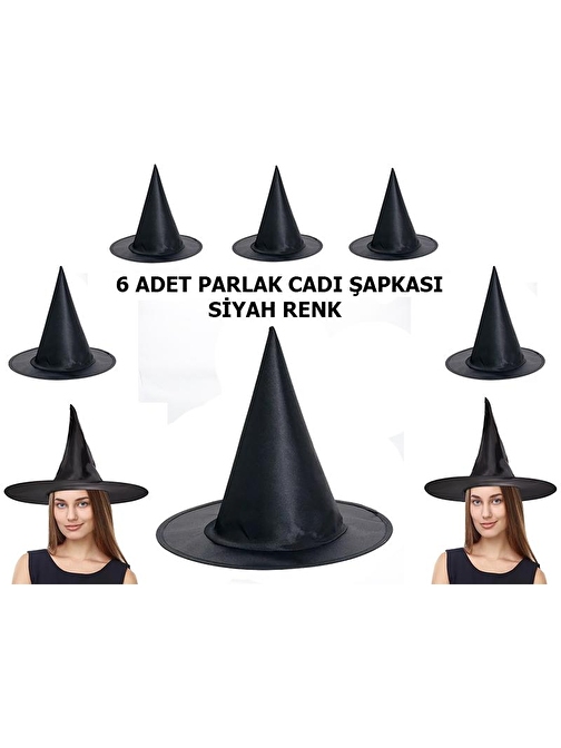 XMARKETTR Halloween Siyah Renk Parlak Dralon Cadı Şapkası Yetişkin ve Çocuk Uyumlu 6 Adet