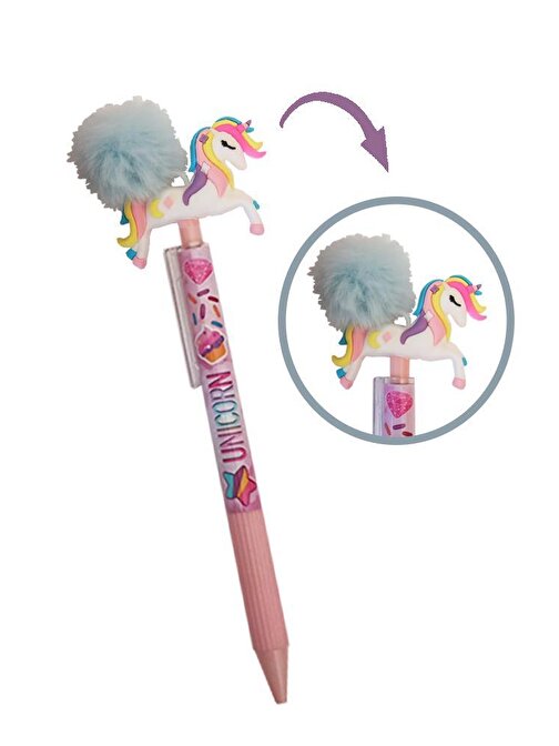 Cem Unicorn Ponponlu Versatil Kalem Tek Boynuzlu Pompom 0.7 Uçlu Kalem Hediye Kalem Figürlü Sevimli Kalem Mavi