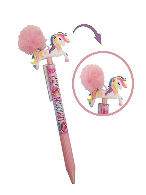Cem Unicorn Ponponlu Versatil Kalem Tek Boynuzlu Pompom 0.7 Uçlu Kalem Hediye Kalem Figürlü Sevimli Kalem Pembe