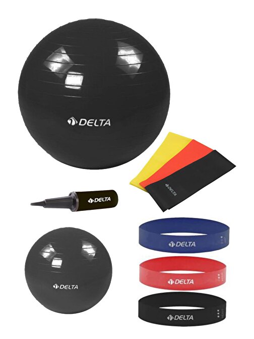 Delta 85-20 cm Pilates Topu 3'lü Pilates Bandı 3'lü Squat Bandı Direnç Lastiği Şişirme Pompası Seti