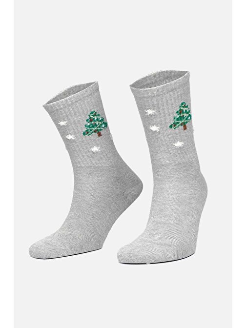 Aytuğ Kadın Pamuklu Tekli Gri Yılbaşı Temalı Çorap - A-49001-G