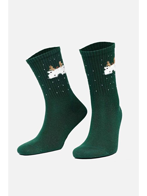 Aytuğ Kadın Pamuklu Tekli Yeşil Yılbaşı Temalı Çorap - A-49001-Y