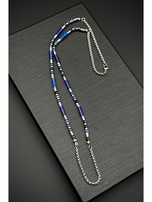 FRNCH 316L Çelik ve Lapis Lazuli Doğal Taşlı Lacivert Renk Erkek Kolye FRJ30689-789-L