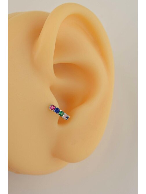 Çok Renkli Halka Tragus Piercing Helix Kıkırdak Küpesi Gümüş Renkli