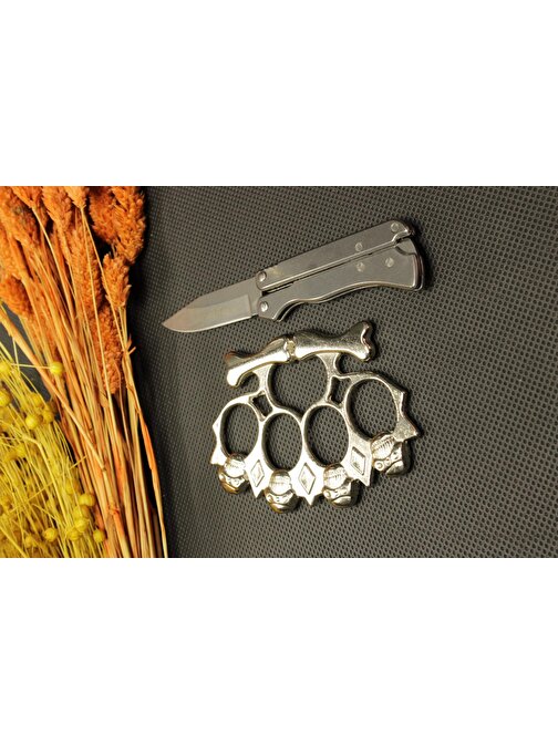 14 cm Kalın Komple Çelik Bıçak ve Gümüş Kurukafa Mustalı Set
