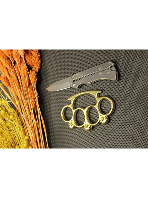14 cm Kalın Komple Çelik Bıçak ve Gold Kurukafa Mustalı Set