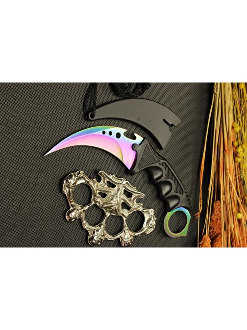Rainbow Kılıflı Oval Garambit Bıçak ve Boğa Figürlü Mustalı Set