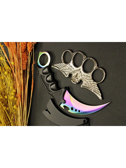 Rainbow Kılıflı Oval Garambit Bıçak ve Gümüş Baykuş Mustalı Set