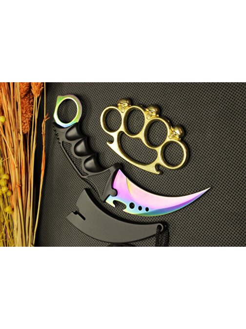 Rainbow Kılıflı Oval Garambit Bıçak ve Gold Kurukafa Mustalı Set