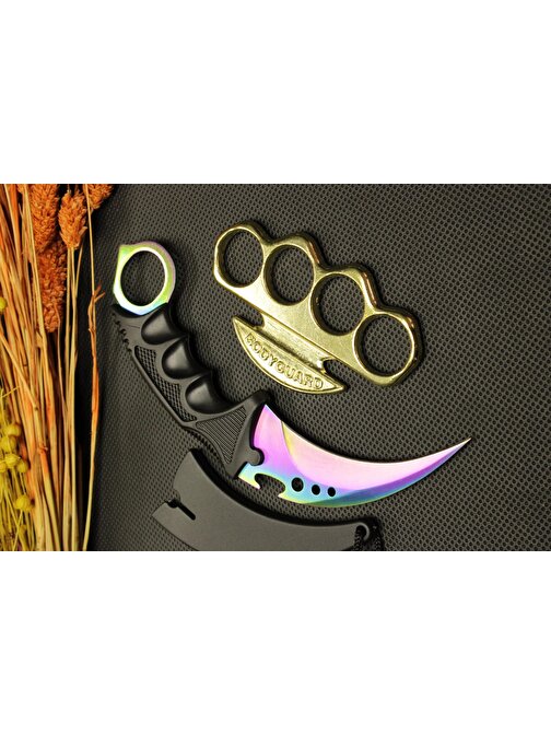 Rainbow Kılıflı Oval Garambit Bıçak ve Gold Bodyguard Mustalı Set