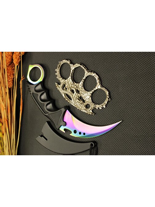 Rainbow Kılıflı Oval Garambit Bıçak ve Gümüş Ejderha Mustalı Set