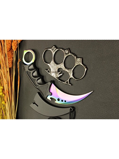 Rainbow Kılıflı Oval Garambit Bıçak ve Gümüş Kartal Mustalı Set