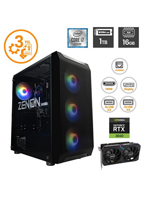 Zenon RAKS TR103 NVIDIA GeForce RTX 3060 Intel Core i7 12700F 16 GB RAM 1 TB SSD Freedos Masaüstü Bilgisayar