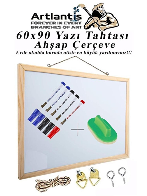 Duvara Monte Beyaz Yazı Tahtası 60x90 cm 1 Adet Yazı Tahta Kalemi ve Silgisi Laminant Yazı Tahtası Ahşap Çerçeveli Askılı Okul Ofis Büro