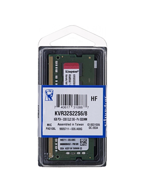 Kingston KVR32S22S6/8 8 GB CL16 DDR4 1x8 3200MHz Ram