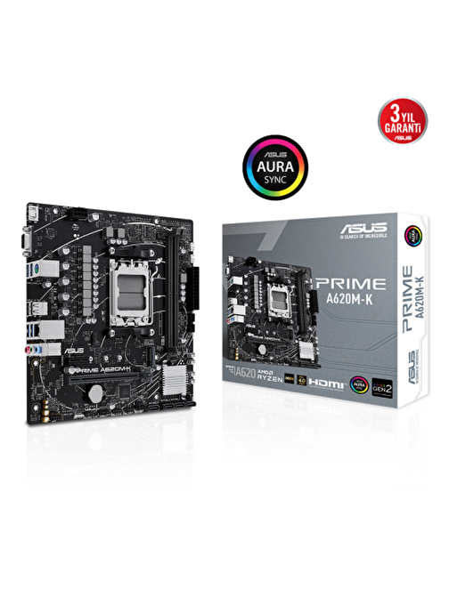 Asus Prime A620M-K AM5 DDR5 6400 mhz mATX Masaüstü Bilgisayar AMD Uyumlu Anakart