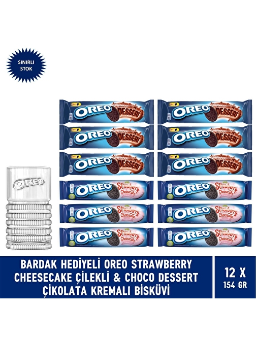 Oreo Bardak Hediyeli-Oreo Strawberry Cheesecake & Choco Dessert Çikolatalı Kremalı Bisküvi 154 gr x 12 Adet