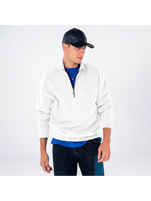 James Erkek Kırık Beyaz Dik Yaka Oversize Yarı Fermuarlı Sweatshirt  | S