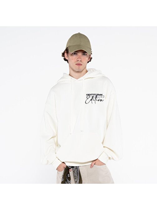 Teo Erkek Kırık Beyaz Kanguru Cepli Kapüşonlu Oversize Sweatshirt Hoodie  | S