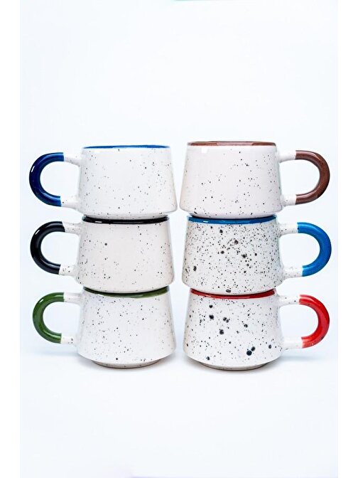 El Yapımı Seramik 6'lı Kahve Fincan Seti, Double Kupalar, Seramik Renkli Benekli Kahve Fincanı, Mug