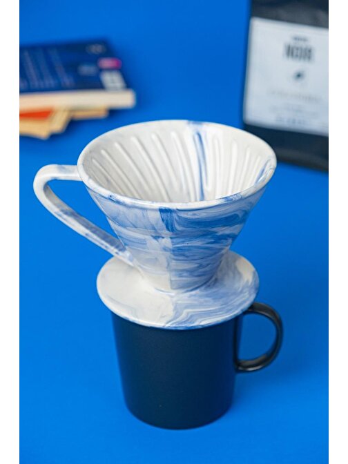 OrizaMes V60 02 El Yapımı Seramik Dripper Mavi Ebruli Desen Seramik Kahve Demleme Ekipmanı Handmade