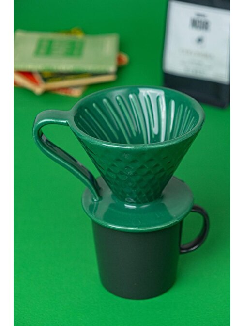 V60 02 El Yapımı Seramik Dripper (Yeşil), Seramik Kahve Demleme Ekipmanı, Handmade, Kristal Tasarım