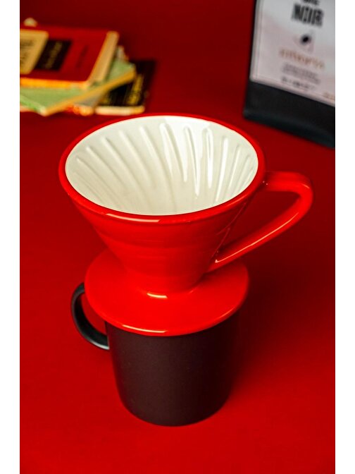 V60 02 El Yapımı Seramik Dripper (Kırmızı-Beyaz), Seramik Kahve Demleme Ekipmanı, Handmade