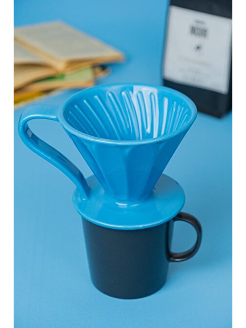 V60 02 El Yapımı Seramik Dripper (Mavi), Seramik Kahve Demleme Ekipmanı, El Yapımı, Handmade, Lotus