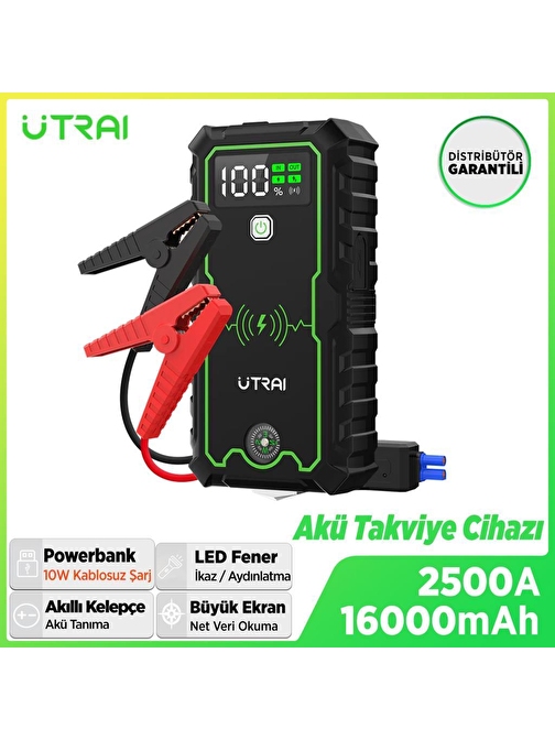 UTRAI JS-1 Pro 16000mAh 2500A Jump Starter Taşınabilir Akü Takviye Cihazı ( Kablosuz Şarj + Pusula + Çanta + Led lamba + Powerbank )