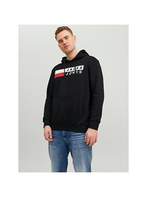 Jack&Jones Kapüşonlu Büyük Beden Siyah Erkek Sweatshirt 12163777