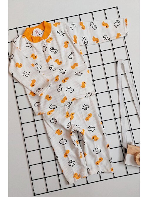 Bebeciburada Ördek Desenli Pamuklu Önden Çıtçıtlı Unisex Pijama Takımı 9 - 12 Ay