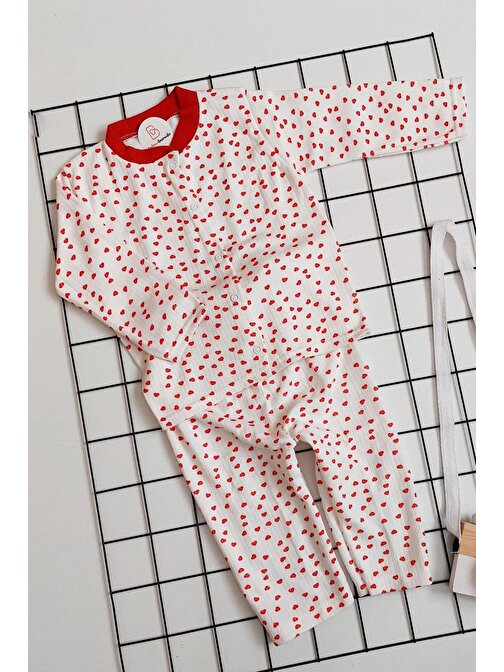 Bebeciburada Kalp Desenli Pamuklu Önden Çıtçıtlı Unisex Pijama Takımı 9 - 12 Ay