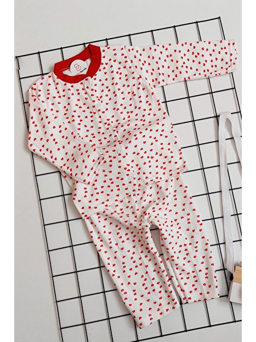 Bebeciburada Kalp Desenli Pamuklu Önden Çıtçıtlı Unisex Pijama Takımı 18 - 24 Ay