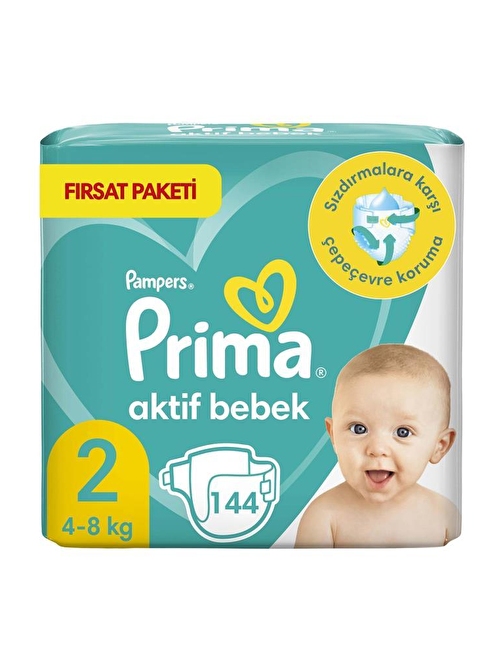 Prima Aktif 4 - 8 kg 2 Numara Aylık Fırsat Paketi Bebek Bezi 144 Adet