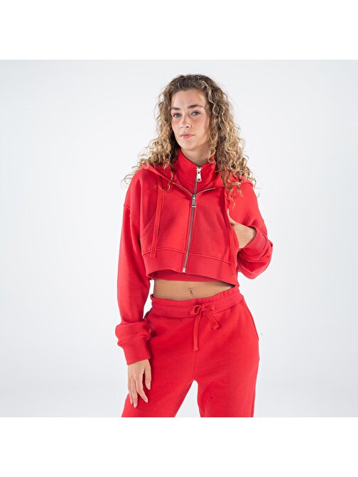 James Kadın Kırmızı  Kanguru Cepli Kapüşonlu Oversize Fermuarlı Crop Sweatshirt Hoodie  | S