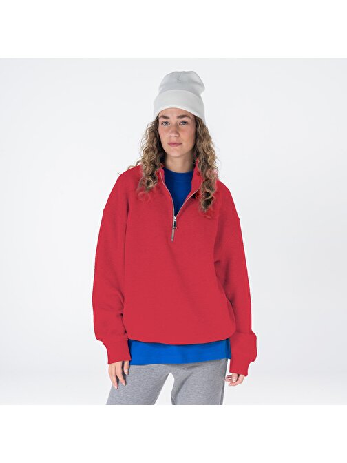 James Kadın Kırmızı Dik Yaka Oversize Yarı Fermuarlı Sweatshirt  | M