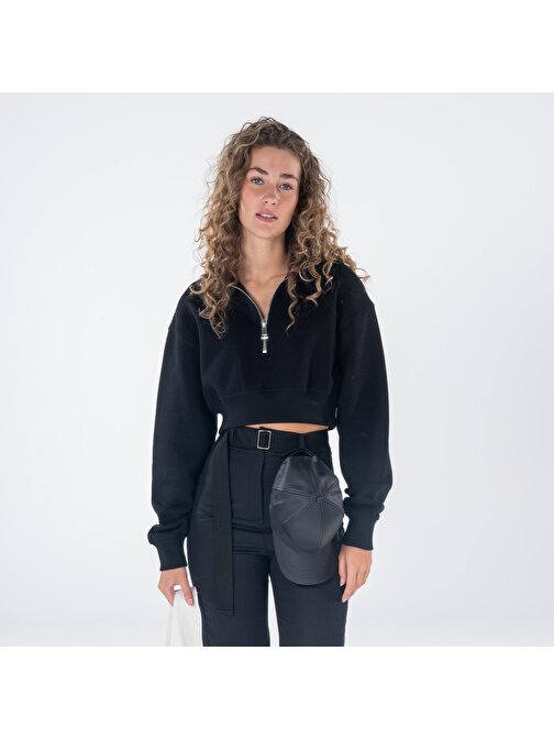 James Kadın Siyah Dik Yaka Oversize Yarı Fermuarlı Crop Sweatshirt  | L