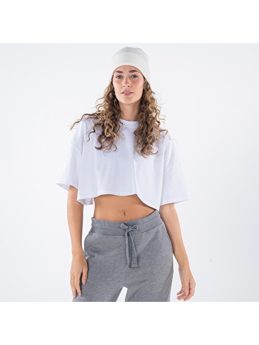 Monica Kadın Beyaz %100 Koton Bisiklet Yaka Oversize Crop Tişört  | XL