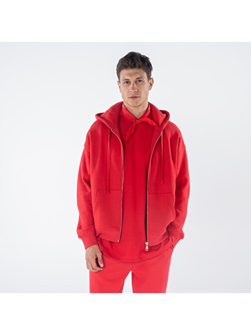 James Erkek Kırmızı  Kanguru Cepli Kapüşonlu Oversize Fermuarlı Sweatshirt Hoodie  | S