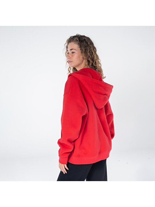 James Kadın Kırmızı  Kanguru Cepli Kapüşonlu Oversize Fermuarlı Sweatshirt Hoodie  | M