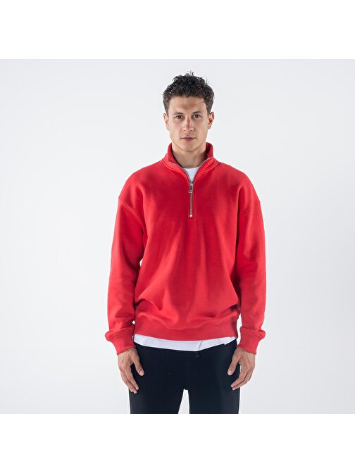James Erkek Kırmızı Dik Yaka Oversize Yarı Fermuarlı Sweatshirt  | M