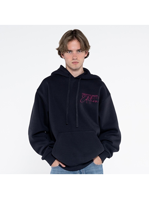 Teo Erkek Koyu Mavi Kanguru Cepli Kapüşonlu Oversize Sweatshirt Hoodie  | M