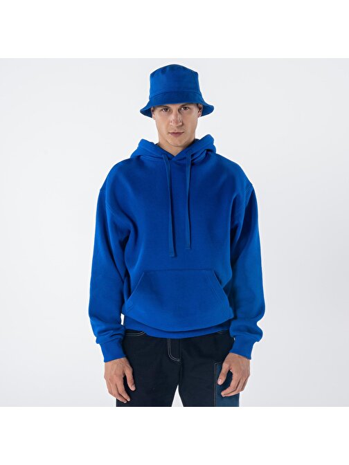 Agar Erkek Saks Mavisi Kanguru Cepli Kapüşonlu Oversize Hoodie Sweatshirt  | S