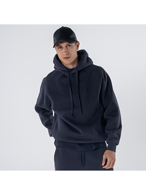 Pina Erkek Koyu Mavi Kapüşonlu Oversize Sweatshirt Hoodie  | M